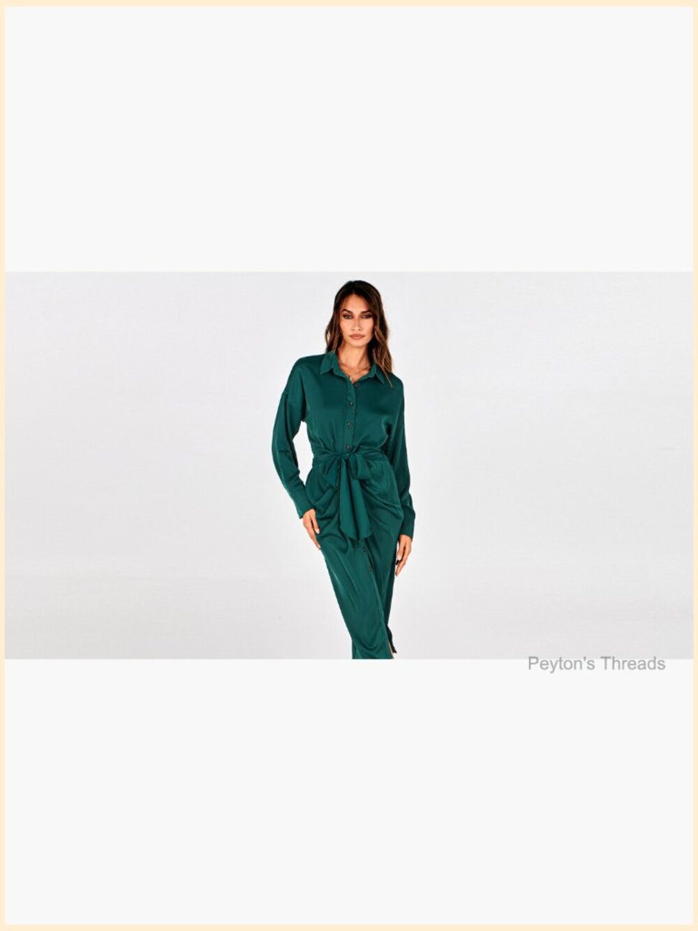 Long Sleeve V Neck Button Down Belted Ruched Satin Maxi Shirt Dress - Picture 7 of 7